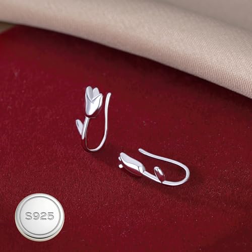Reffeer Solid 925 Sterling Silver Flower Crawler Cuff Earrings Wraps for Women Teens Tulip Flower Wrap Earrings - color: A-Silver