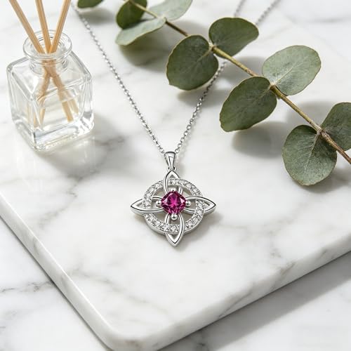 Mystical Birthstone Witches Knot Necklace – Natural Crystal Celtic Pendant, Wiccan Pagan Jewelry Gift for Women - color: July
