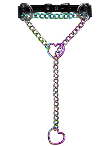 Black Leather Choker Collar For Women, Handmade Heart Slip Chain Choker Long Necklace with Adjustable Buckle - color: B-Black-Rainbow-Rainbow, size: 18''chain