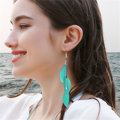 coadipress Boho Piercing Tassel Feather Long Chain Earrings Retro Lightweight Native Feather Dangle Drop Earrings for Women Bohemian Handmade Natural Feathers Earring Jewelry - color: Gem Green