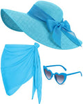 3 Pcs Summer Beach Set for Women Wide Brim Straw Sun Hat, Swimsuit Coverup Sarong, Heart Sunglasses - color: Blue