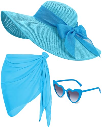 3 Pcs Summer Beach Set for Women Wide Brim Straw Sun Hat, Swimsuit Coverup Sarong, Heart Sunglasses - color: Blue