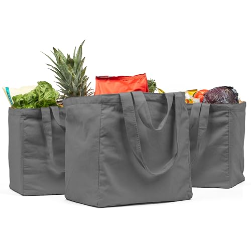 VeraMia Canvas Grocery Bag 3pc XL Set with Real Pockets, Long Shoulder Strap and Short Handle. Heavy Duty, Foldable, Washable - color: Grey