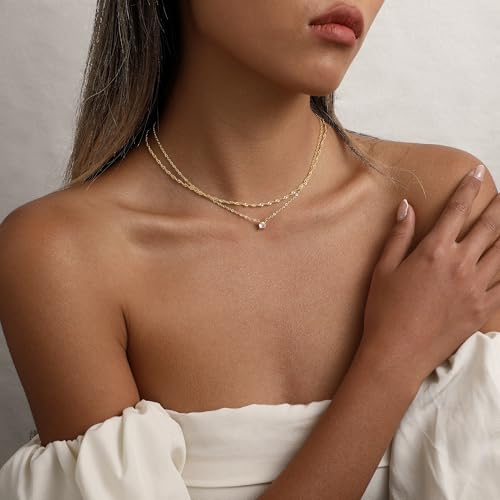 CAROVO Gold Necklace for Women Dainty 14K Gold Plated Choker Cross Flower Cubic Zirconia Necklaces Simple Layered Gold Chain Trendy Jewelry Gifts for Women - style: C:Layered CZ Necklace