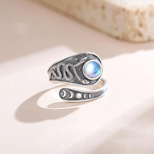 Vito 925 Sterling Silver Adjustable Open Spoon Ring for Women Men, Lotus Sunflower Snake Spoon Band Rings Feather Hug Witches Knot Inspirational Jewelry Gift for Wife - style: Snake