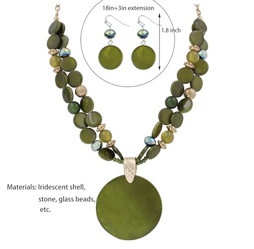 Layered Beads Statement Fashion Necklace Chunky Jewelry Set Big Colorful Glass Stone Circle Shell Pendant Choker Necklace and Earring Set for Women - color: Olive Green