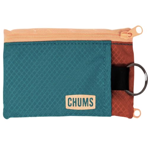 Chums Surfshorts Wallet - Solid Colors Collection, Lightweight Slim Wallet with RFID Blocking Card & Clear ID Window - Zippered Minimalist Wallet w/Key Ring - color: Teal/Rust