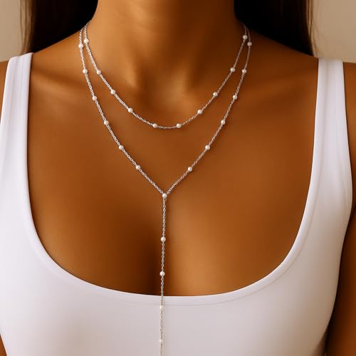 HAXIYA Lariat Gold Necklace for Women Dainty Long Necklace 14K Gold Plated/Silver Y-Shaped Pendant Drop Chain Layered Pearl/Beaded/CZ Necklaces Gold Jewelry Gift for Prom/Wedding - style: Pearl Set - Silver