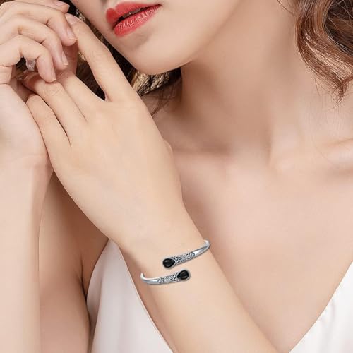 925 Sterling Silver Genuine Gemstone Bracelet for Women Men Handmade Adjustable Boho Navajo Style Bangle Cuff Natural Stone Jewelry Gift - color: Black Onyx