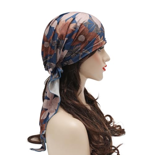 ZLYC Chemo Headwear Pre Tied Head Scarf Headwraps Lightweight Turban Beanie Cap for Women - color: Flower Blue
