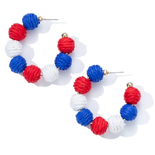 Raffia Hoop Earrings Statement Boho Beaded Earrings Cute Rattan Handmade Colorful Jewelry for Women Unique Summer Outfits - color: 4th of July