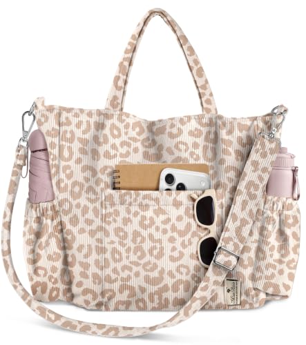 Miss Adola Crossbody Corduroy Tote Bag for Women, Large Tote Bag with Multi-Pockets and Zipper for Travel Work - color: Beige Leopard Print