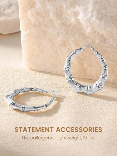KeyStyle Bamboo Hoop Earrings for Women, Stainless Steel 90s Hoops Earring Lightweight Loops for Party, 2 mm Thick Hypoallergenic Vintage Circle Endless Thin Hoop (40mm, 60mm, 80mm,) - color: Stainless Steel-40mm