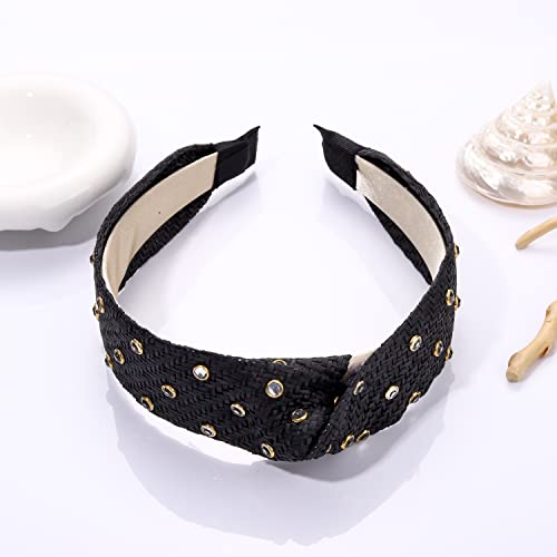 BVGA Rhinestone Rattan Headband Straw Headbands Fashion Rattan Wide Head Band Boho Headbands Summer Bohemian Woven Headwear Hair Head Knot Headband for Woman Girl Hair Accessories(black)