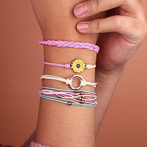FANCY SHINY Easter Gifts Basket Stuffers Sunflower String Bracelet Boho Braided Rope Wrap Bracelets Cute Summer Beach Surfer Jewelry for Women - color: Pink