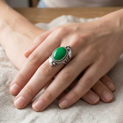 Handmade 925 Sterling Silver Plated Ring Natural Gemstone Carnelian, Rose Quartz, Tiger Eye, Crystal Oval Boho Jewelry For Women - color: Green Onyx