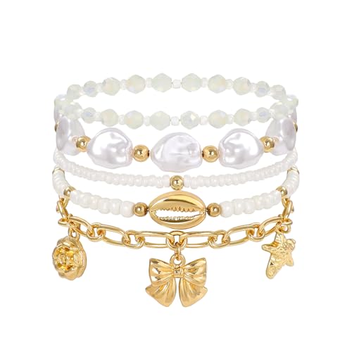 Shell Bracelet Seashell Boho Beaded Stretch Bracelets for Women Summer Beach Bracelets Starfish Charm Bracelet Stackable Gold Plated Bracelets Set for Women - color: k-shell starfish 5pcs