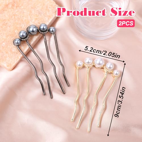 2 Pcs Pearl Hair Pins for Buns, Metal U Shaped Hair Fork Vintage French Twist Hair Side Combs for Women Girls Hair Styling Accessories for Wedding Party Holiday Daily