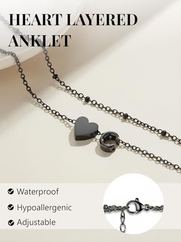 Silvora Ankle Bracelets for Women Waterproof 14K Gold/Silver/Black Initial Anklet for Women Dainty Layered Heart Ankle Bracelets Stainless Steel Adjustable Foot Chain Anklet Summer Beach Jewelry - color: Black-Stainless Steel, size: 16.P
