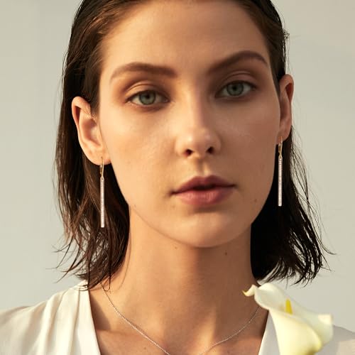 Silver Bar Dangle Drop Earrings for Women, 14K Gold French Style Leverback Dangle Drop Earrings, Hypoallergenic Jewelry - color: CZ 14K Gold