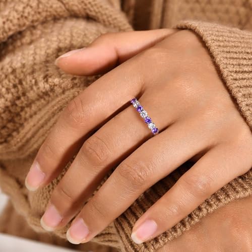 3.5mm Stackable Rings S925 Sterling Silver Created Birthstone & Cubic Zirconia Ring for Women Wedding Bands Anniversary Birthday Jewelry Size 6 to 10(with Box) - color: 02-Created Amethyst & CZ-Feb