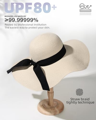 FURTALK Womens Sun Straw Hat Wide Brim UPF 80 Summer Hat Foldable Packable Floppy Beach Hats for Women - color: Beige, size: Medium-Large