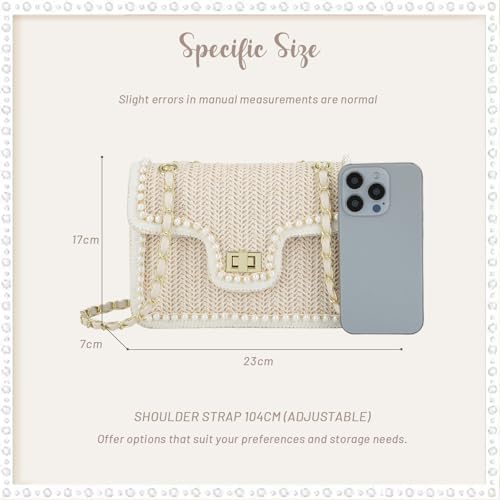 Fecialy Straw Crossbody Bags for Women Summer Straw Beach with Pearls Raffia Shoulder Handbags - color: Beige