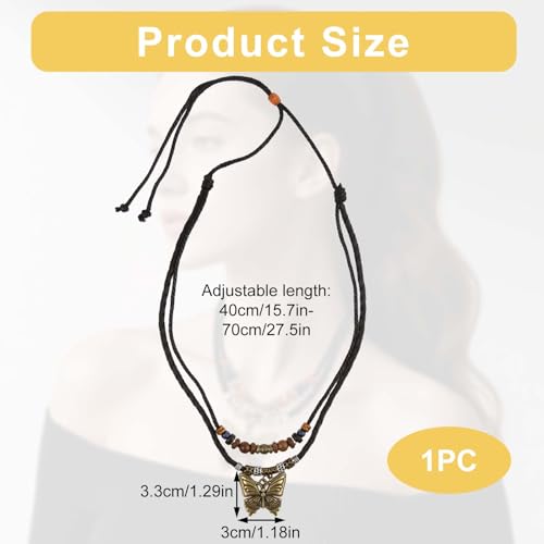 Boho Necklace for Women,Vintage Butterfly Pendant Necklaces,Adjustable Wooden Beads Layered Braided Choker,Fashion Tribal Style Leather Rope Necklace Jewelry,Chunky Statement Gift for Women - color: Black