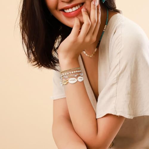 Shell Bracelet Seashell Boho Beaded Stretch Bracelets for Women Summer Beach Bracelets Starfish Charm Bracelet Stackable Gold Plated Bracelets Set for Women - color: k-shell 4pcs