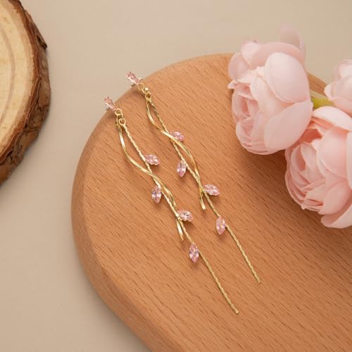 Temperament Long Zircon Tassel Earrings for Women Charm Jewelry Sparkling Crystal Leaves Twist Dangle Earrings for Friends - color: Gold-Pink Leaves