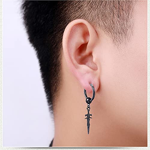 Sword Drop Dangle Small Hoop Earrings for Women Men Stainless Steel Engrave Dagger Halloween Statement Charms Drop Dangling Hoops Cuff Cartilage Wrap Vintage Punk Pray Jewelry - color: Black