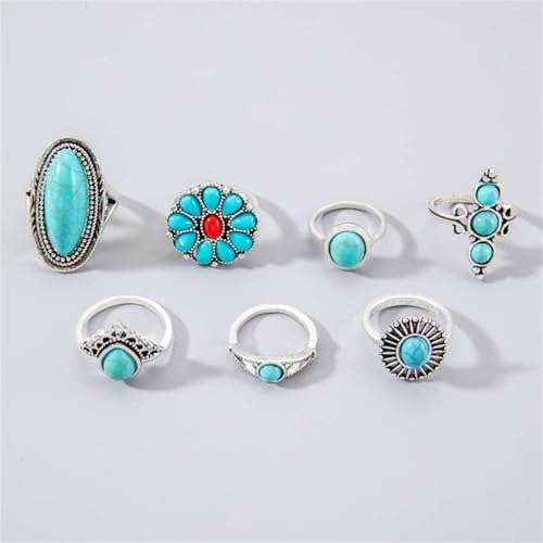 Bohemian Joint Knuckle Rings Set for Women,Vintage Boho Turquoise Stackable Rings Chunky Retro Turquoise Midi Finger Ring Statement Western Jewelry - style: Style C