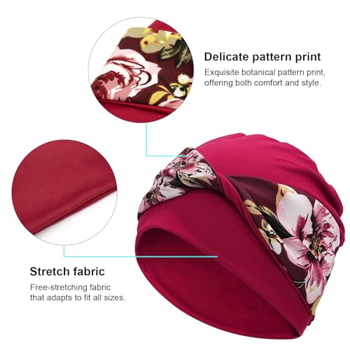 Women Knot Slouchy Beanie Chemo Hat Twist Stretch Cancer Head Wraps Sleep Head Scarf - color: Wine Red Flowers
