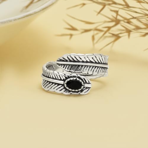 Silver Plated Feather Ring | 925 Silver Adjustable Open Ring | Vintage Leaf Design Inspirational Jewelry for Men & Women | Hypoallergenic Boho Statement Ring - color: Black Onyx Protection