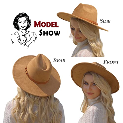FLUFFY SENSE. Big Wide Brim Fedora Hat for Women - Nashville Outfits Western Hats Women's Felt Panama Rancher Hat - color: Caramel