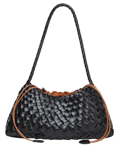 Woven Hobo Bags for Women Suede Woven Tote Bag Trendy Bucket Purse Underarm Shoulder Bag Vintage Tote Handbag Clutch Purses - color: Black