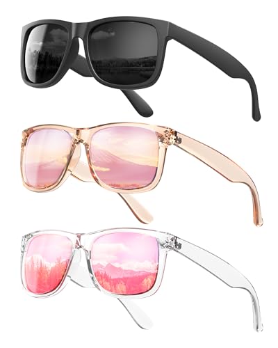 KALIYADI Womens-Sunglasses Polarized-Sunglasses for Women: Retro Trendy Sun Glasses With UV400 Protection for Driving Travel - color: (3 Pack) Black/Light Pink/Pink