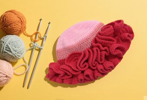 Handmade Crochet Bucket Hat for Women Boho Chic Slouchy Design Colorblock Ruffled Brim Festival&Daily Crochet Hat - color: Fuchsia Pink Contrasting