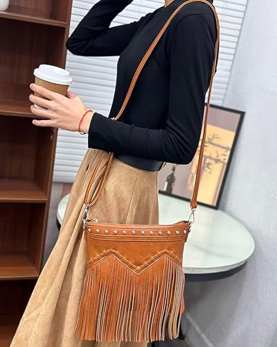 Hoce Women’s Leather Fringe Messenger Bag Large Hobo Crossbody Tassel Shoulder Bags, Gift for Mom Wife Girlfriend - color: 08816black