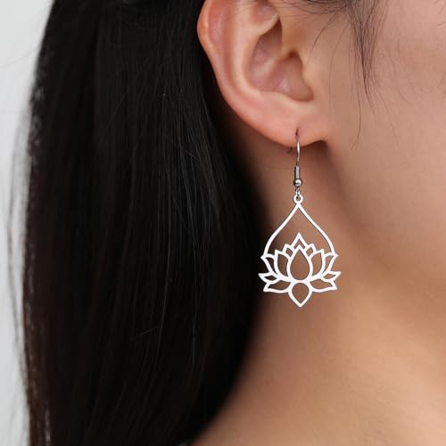 TEAMER Stainless Steel Lotus Flower Dangle Earrings Bohemian Drop Earring Unique Geometric Jewelry for Women - color: Lotus 7-Steel Color