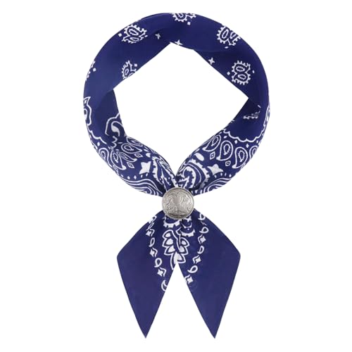 Western Bandana Scarf With Vintage Coin Buckle, Paisley Pattern Neck Scarf for Men Pocket Square Cowboy Scarves - color: Navy Blue
