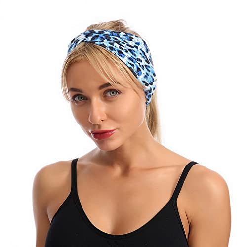 Woration Headband Yoga Leopard Print Cross Wide Elastic Headwear Head Wrap Hairband Twist Turban Knot Headwear Hair Accessories for Women, Girls - Blue - color: Leopard C