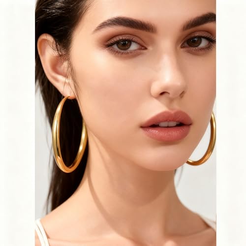 EXGOX Sterling Silver Hoop Earrings - Hypoallergenic, Lightweight, Chunky, 14K Real Gold Plated, Big Large Hoops for Women - color: Chunky&Gold hoop 70mm