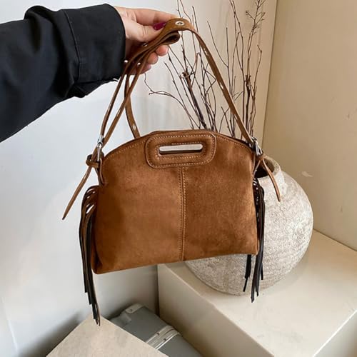 Women's Suede Fringe Crossbody Bag, Retro Hollow Handle Shoulder Purse, Novelty Fashion Tassels Bucket Bag Handbag - color: Brown