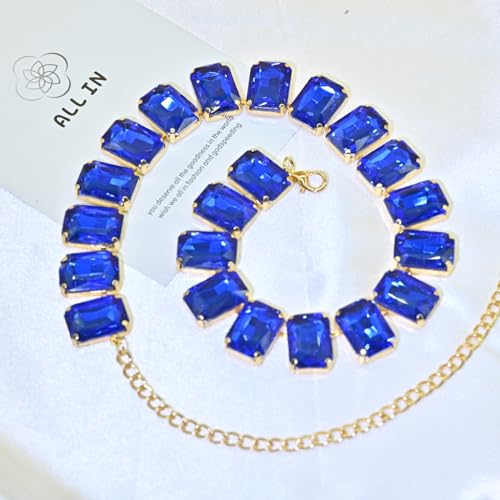 Fashionable Chunky Plated Tennis Rhinestone Statement Necklace Jewelry Set for Women Multicolor gem necklace with Great Sparkle and Shine Design for Women to Easy Match - color: navy blue square rhinestone