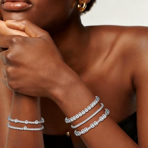 XIANNVXI 5PC Platinum Plated Silver Beaded Bracelet for Women Stretch Elastic Stackable Bead Ball Bracelet Trendy Set Women Dainty Jewelry - color: Silver B