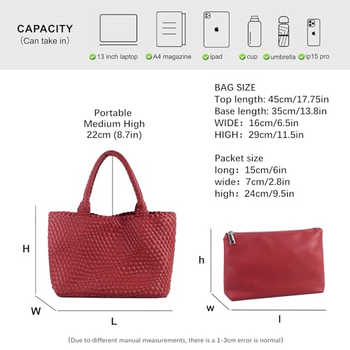 Woven Tote Bag Womens Purse Vegan Leather Shoulder Handbags Fashion Summer Beach Tote Bags Large Travel Totes - color: Red