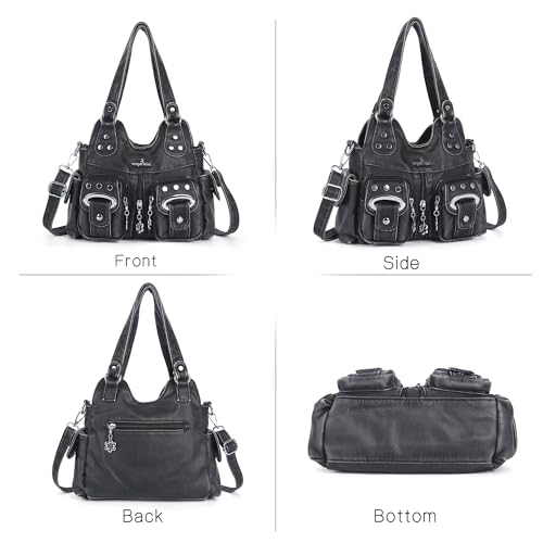 Angel Kiss Small Hobo Purses for Women, Washed Vegan Leather Multi-Pocket Purse, Shoulder Handbag with Adjustable Strap - color: Retro Black