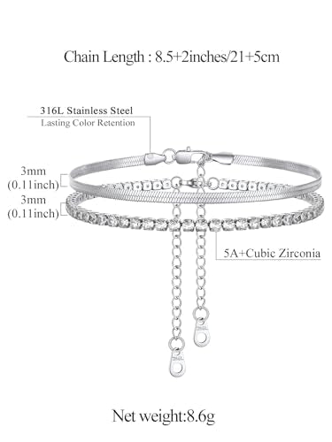FindChic Black/Silver/Gold Plated Anklets Set of 2PCS/3PCS Herringbone Chain Cuban Link Heart Charm Sparkling Tennis Ankle Bracelets, Waterproof Summer Foot Jewelry for Beach - color: 04. Silver-2PCS Herringbone & Tennis
