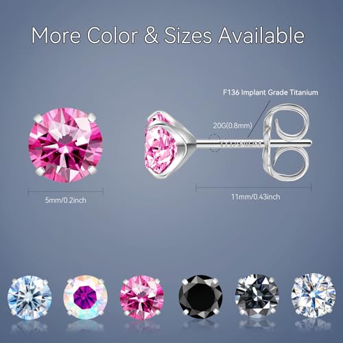 Moissanite Stud Earrings, G23 Hypoallergenic Titanium Stud Earrings for Women Men, Round Cut D Color VVS1 Clarity 18K White Gold Palted Multicolor Moissanite Jewelry, 0.6CT-3.0CT - color: Pink, size: (0.5ct*2)-5mm-1.0 Carat